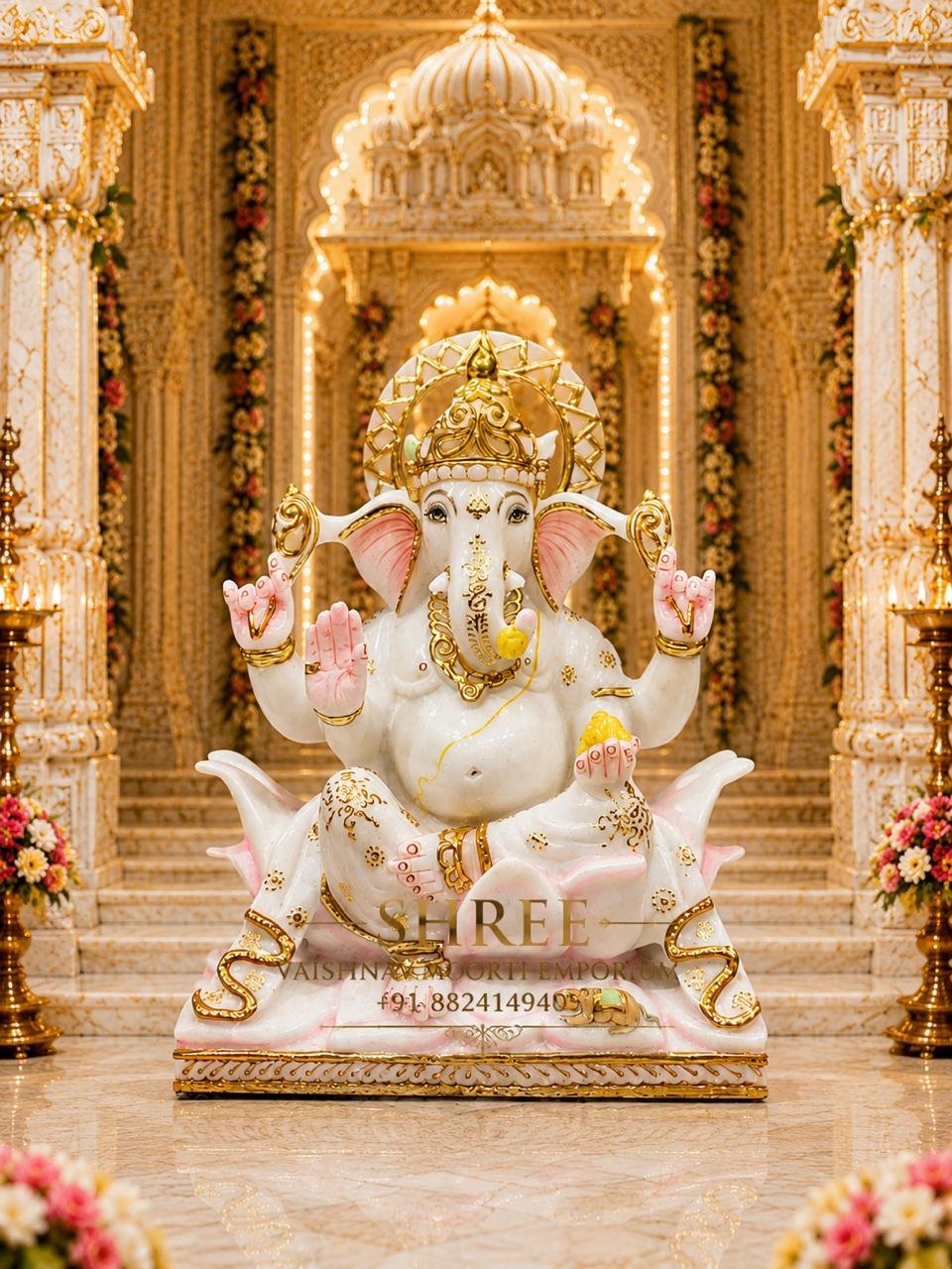 Premium 12 Inches White Marble Lord Ganesha Murti | Handcrafted Marble Ganpati Idol for Home & Temple - Ganesh Marble Marble Moorti
