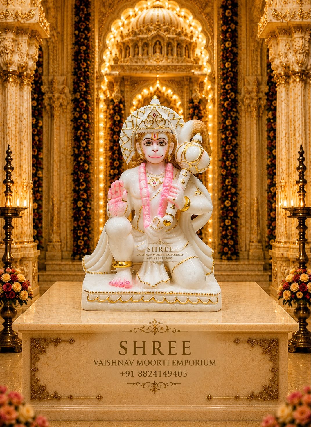 Premium White Marble Hanuman Ji Murti | Handcrafted Marble Bajrangbali Idol with Gada for Home & Temple (12 Inches) - Hanuman Marble Marble Moorti