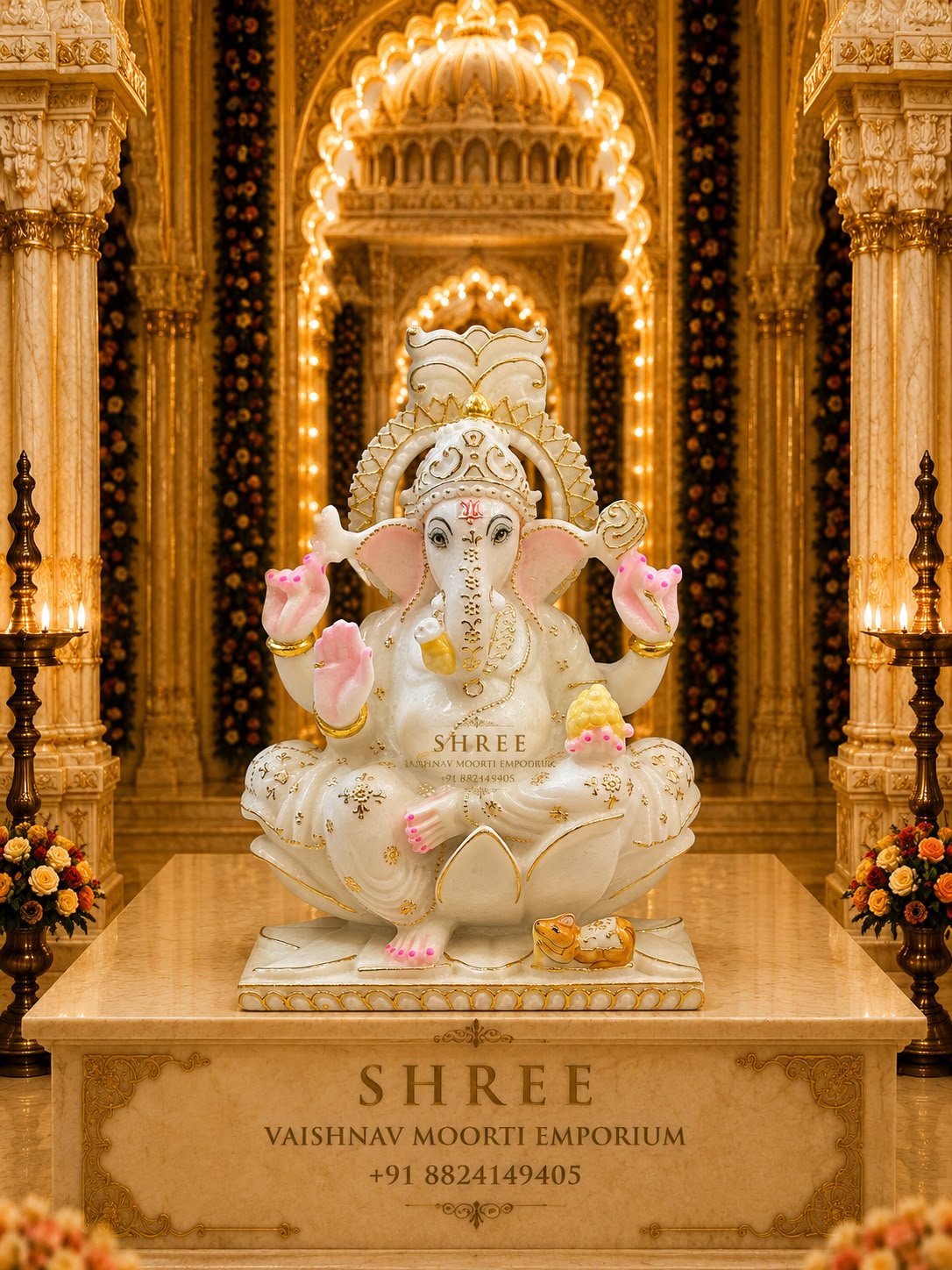 Premium White Marble Lord Ganesha Murti | Handcrafted Marble Ganpati Idol for Home & Temple (12 Inches) - Ganesh Marble Marble Moorti