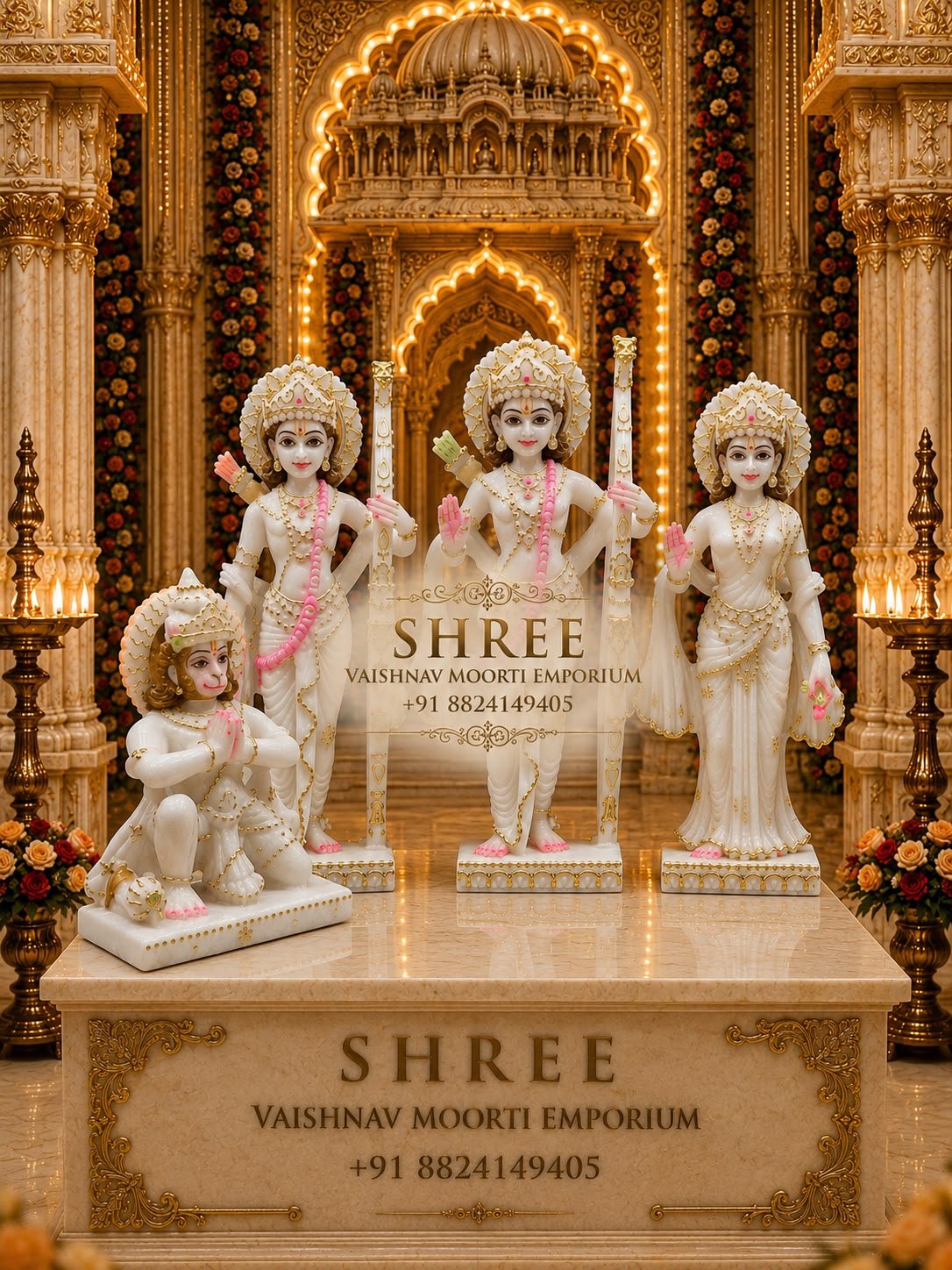 Premium White Marble Ram Darbar Murti Set | Handcrafted Marble Ram Parivar Idol with Hanuman for Home & Temple (9 Inches) - Ram Darbar Marble Marble Moorti