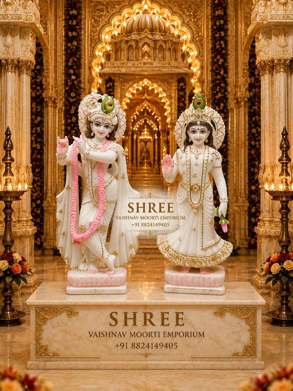 Premium White Marble Radha Krishna Murti Set | Handcrafted Marble Radha Krishna Idol for Home & Temple (12 Inches) - Radha Krishna Marble Marble Moorti