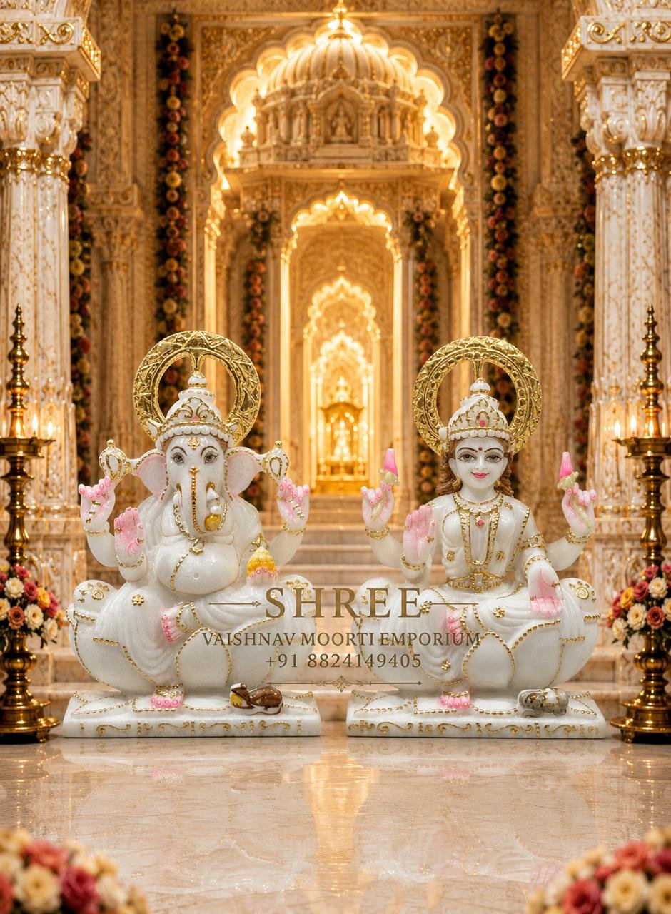 Premium 9 Inches White Marble Lakshmi Ganesh Murti Set | Handcrafted Marble Laxmi Ganesh Idol for Home & Temple - Ganesh And Lakshmi Marble Moorti