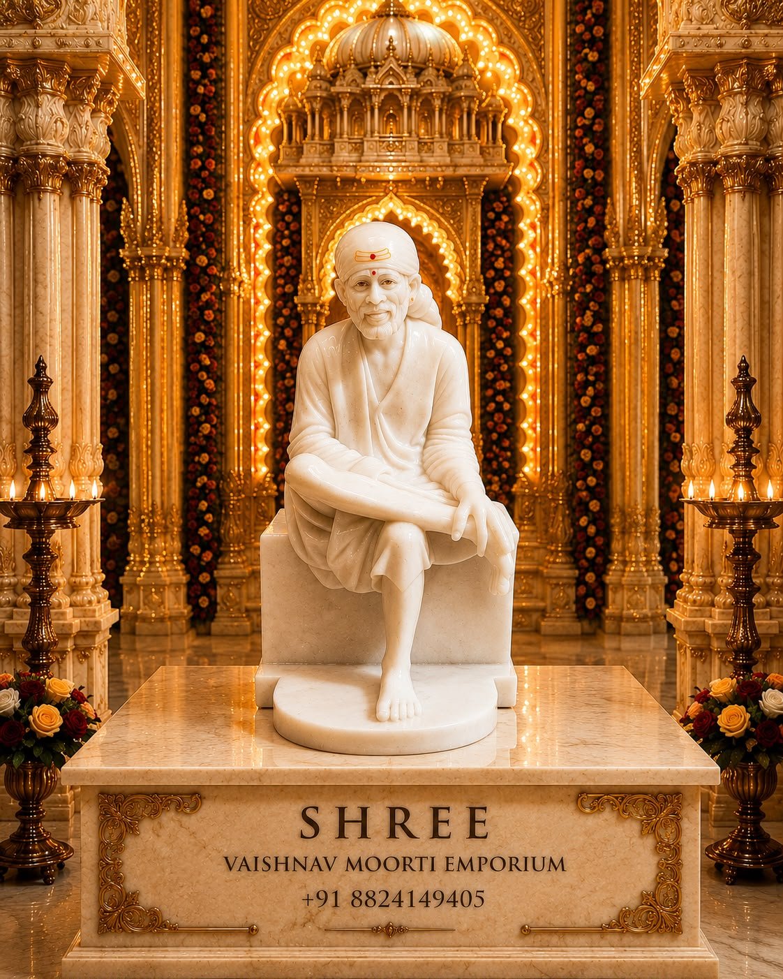 Premium White Marble Shirdi Sai Baba Murti | Handcrafted Marble Sai Baba Idol for Home & Temple (15 Inches) - Sai Baba Marble Marble Moorti