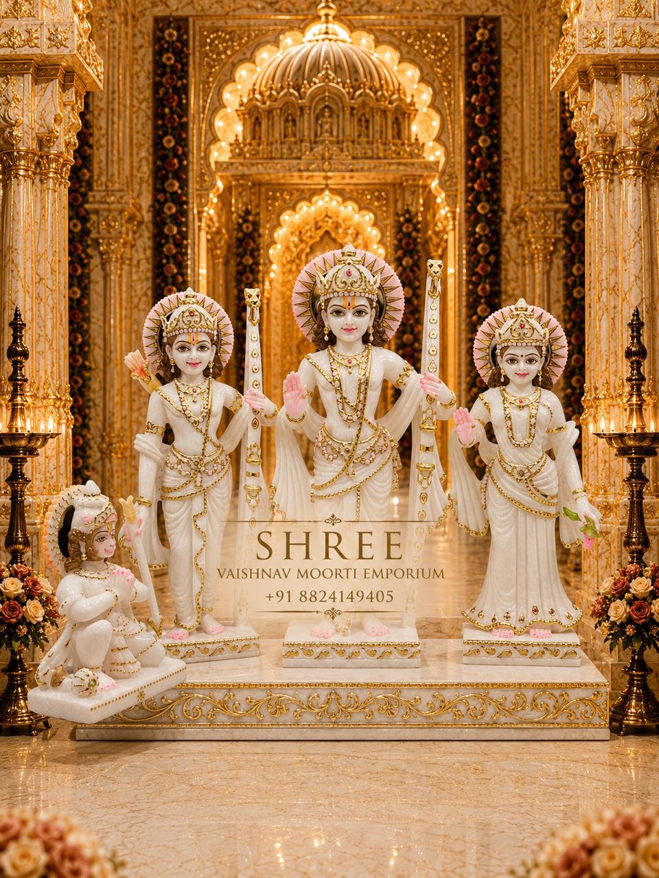 Premium White Marble Ram Darbar Murti Set with Hanuman | Handcrafted 9 Inch Ram Parivar Idol for Home & Temple - Ram Darbar Marble Marble Moorti