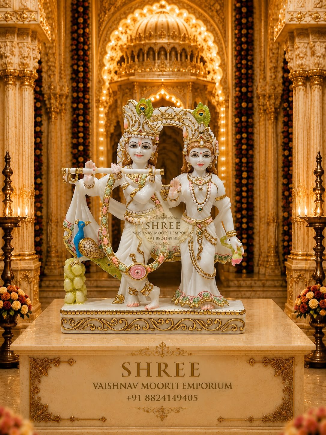 Premium White Marble Jugal Radha Krishna Murti Set | Luxury Handcrafted Marble Radha Krishna Idol for Home & Temple (12 Inches) - Radha Krishna Marble Marble Moorti