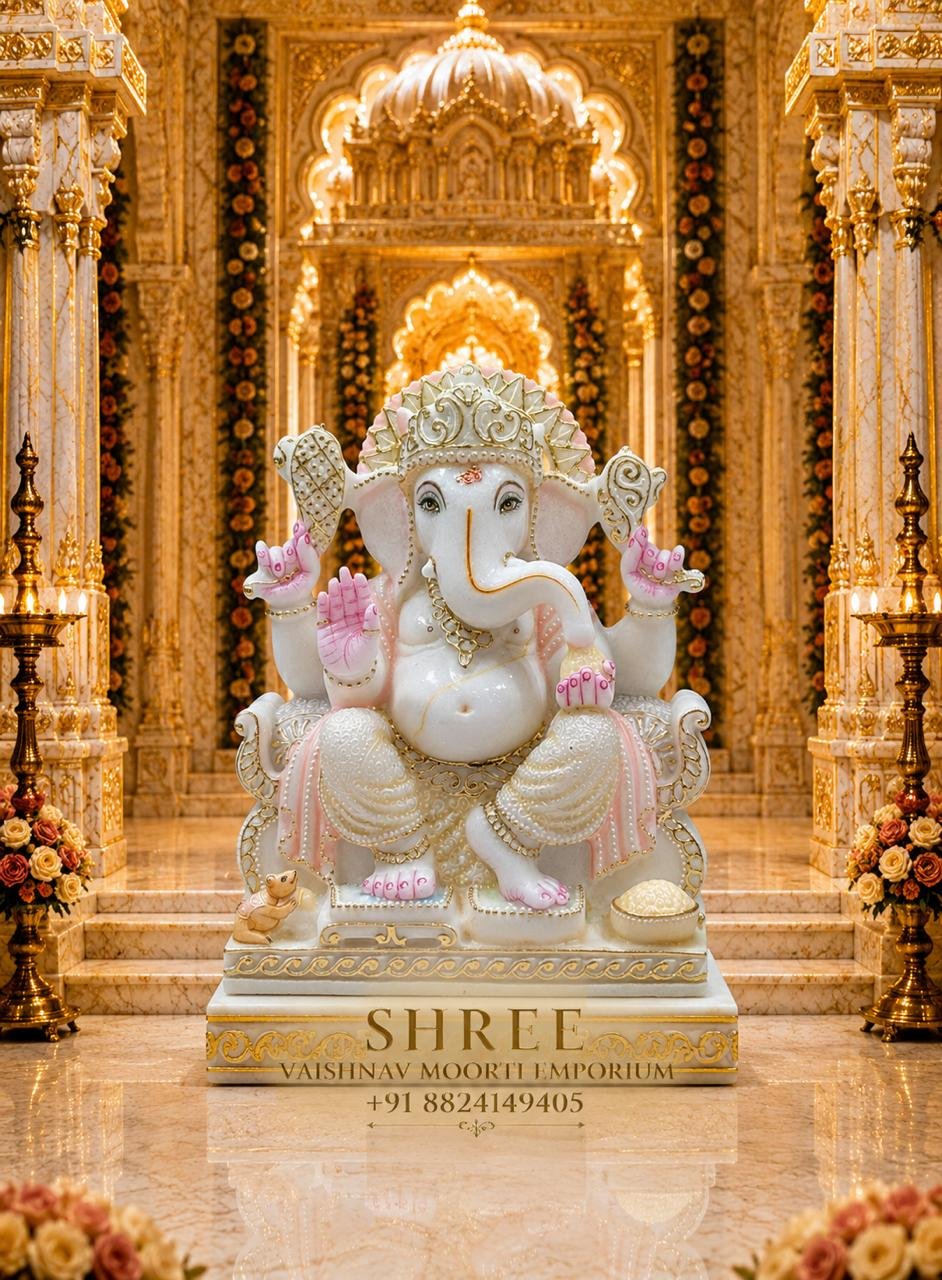 Premium 9 Inches White Marble Lord Ganesha Murti | Elegant Handcrafted Ganpati Marble Idol for Home & Temple - Ganesh Marble Marble Moorti