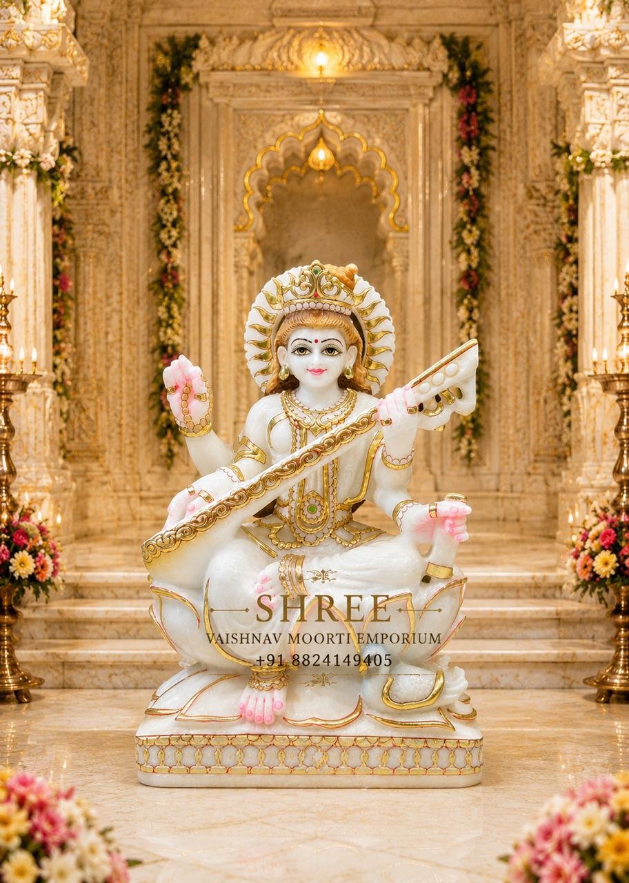 Premium 12 Inches White Marble Goddess Saraswati Murti – Handcrafted Idol for Wisdom & Divine Grace - Saraswati Maa Marble Marble Moorti