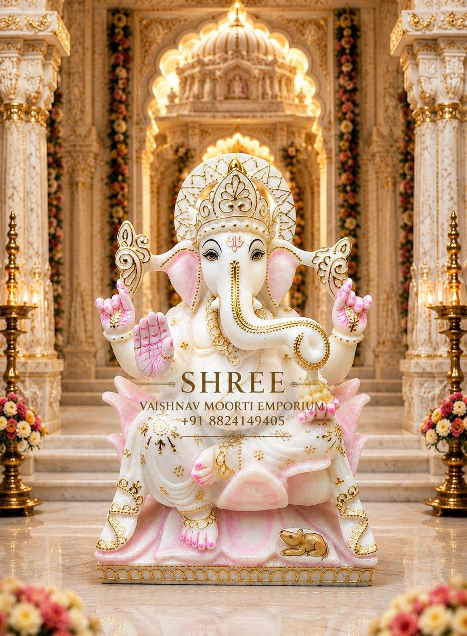 Premium 15 Inches White Marble Lord Ganesha Murti – Handcrafted Divine Elegance for Home & Temple - Ganesh Marble Marble Moorti