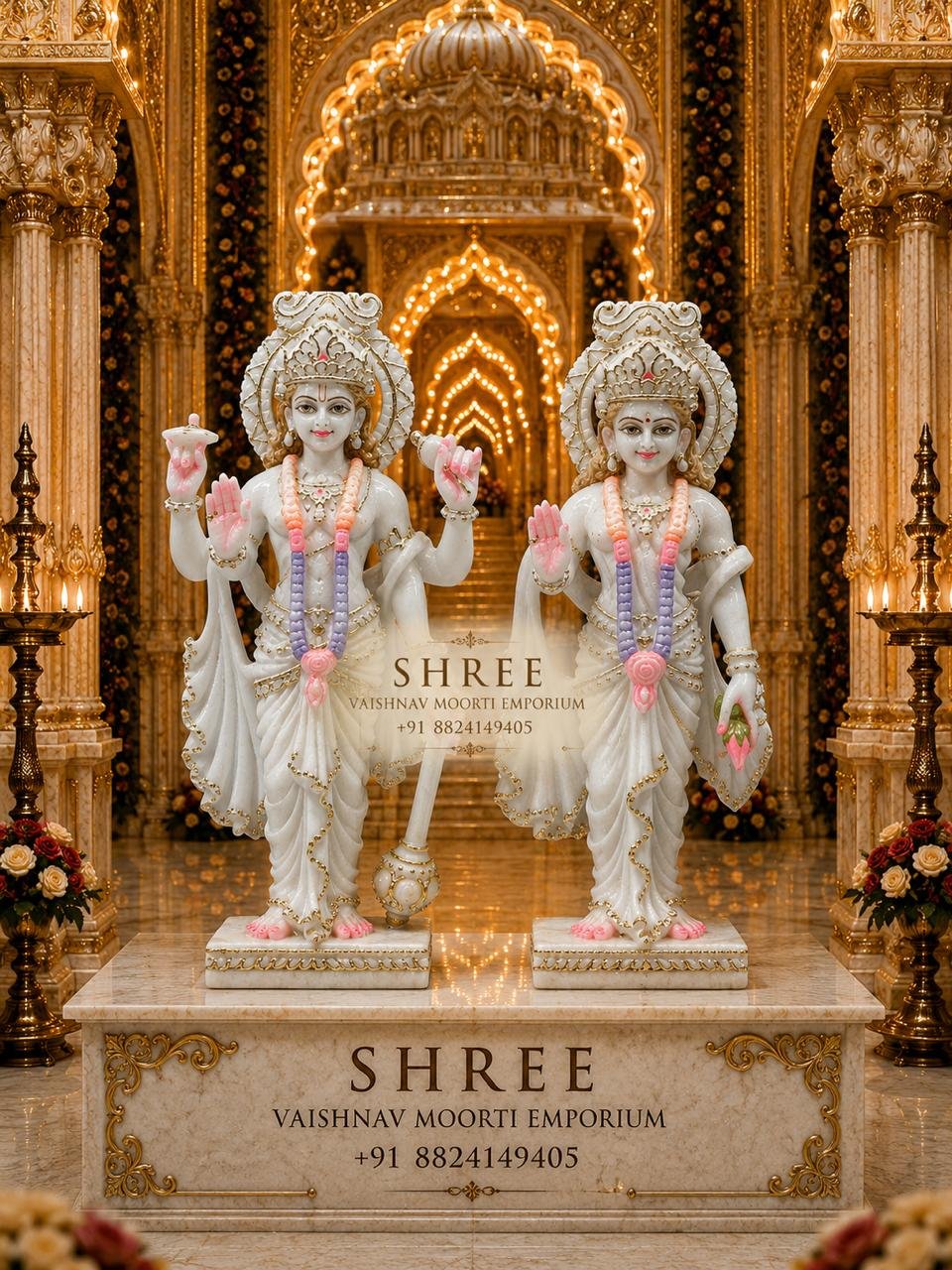 Premium White Marble Lakshmi Narayan Murti Set | Handcrafted Marble Vishnu Lakshmi Idol for Home & Temple (11 Inches) - Radha Krishna Marble Marble Moorti