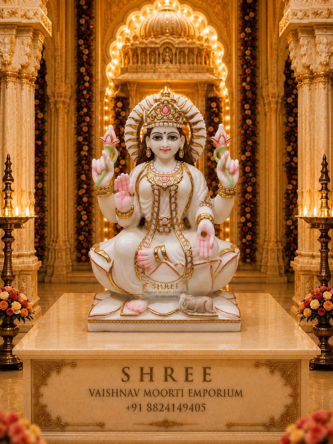 Premium White Marble Goddess Lakshmi Murti | Handcrafted Marble Maa Lakshmi Idol for Home & Temple (15 Inches)
