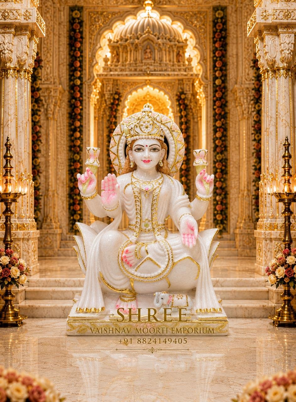Premium 18 Inches White Marble Goddess Lakshmi Murti | Handcrafted Marble Maa Lakshmi Idol for Home & Temple