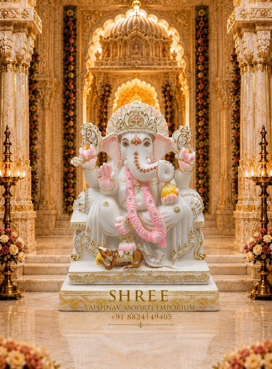 Premium 12 Inches White Marble Lord Ganesha Murti | Luxury Handcrafted Ganpati Marble Idol for Home & Temple