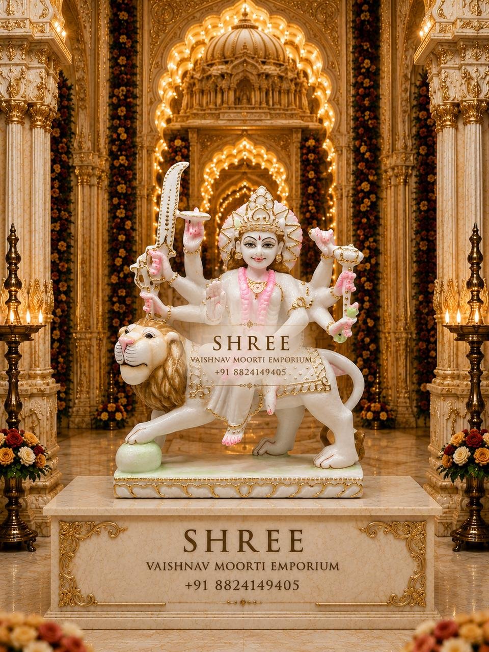 Premium White Marble Maa Durga Murti | Handcrafted Marble Durga Mata Idol with Lion for Home & Temple (9 Inches)