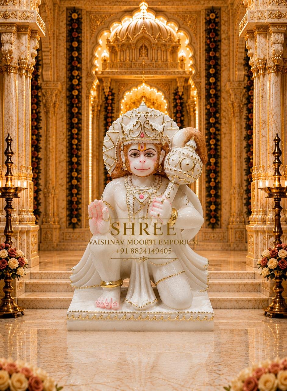Premium 12 Inches White Marble Hanuman Ji Murti | Handcrafted Marble Bajrangbali Idol for Home & Temple