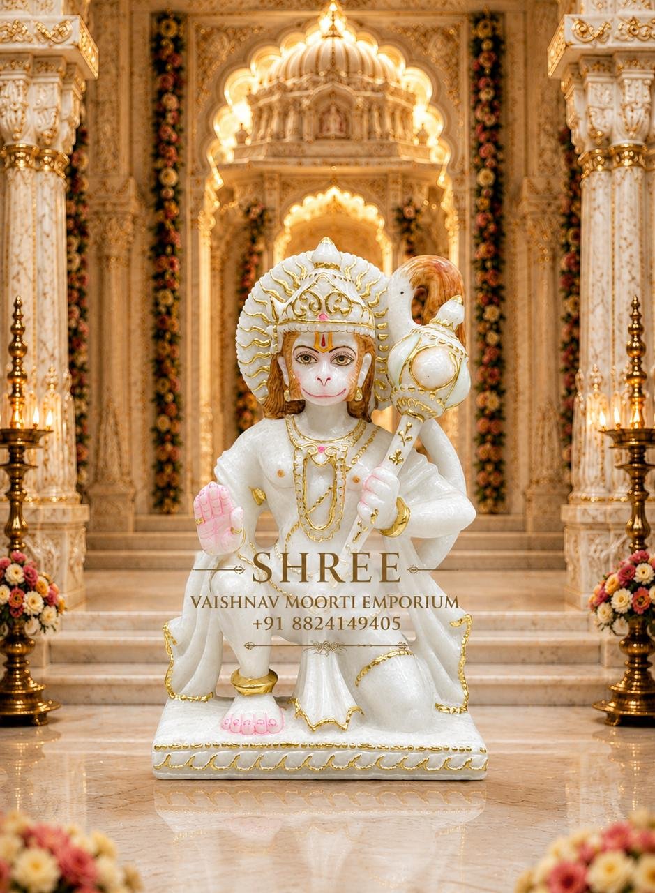Premium 12 Inches White Marble Hanuman Ji Murti | Handcrafted Marble Bajrangbali Idol for Home & Temple