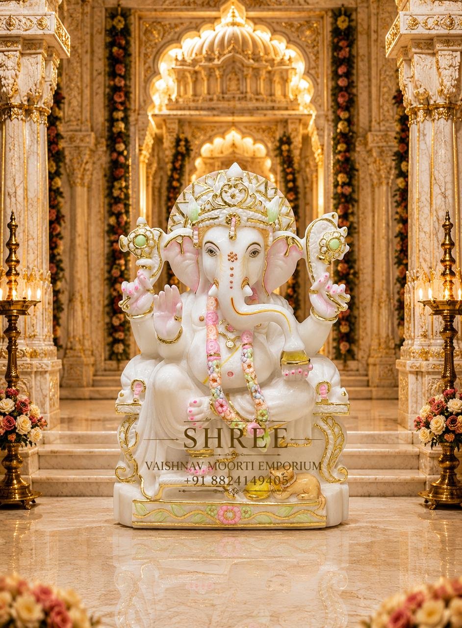 Luxury 18 Inches White Marble Lord Ganesha Murti | Premium Handcrafted Marble Ganpati Idol for Home & Temple
