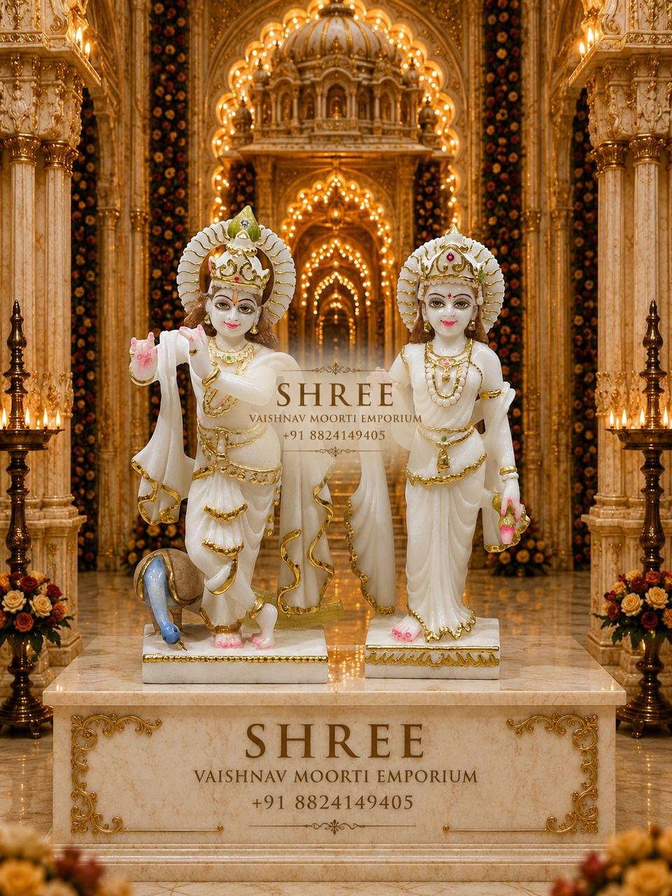 Premium White Marble Radha Krishna Murti Set | Handcrafted Marble Krishna Radha Idol for Home & Temple (12 Inches)