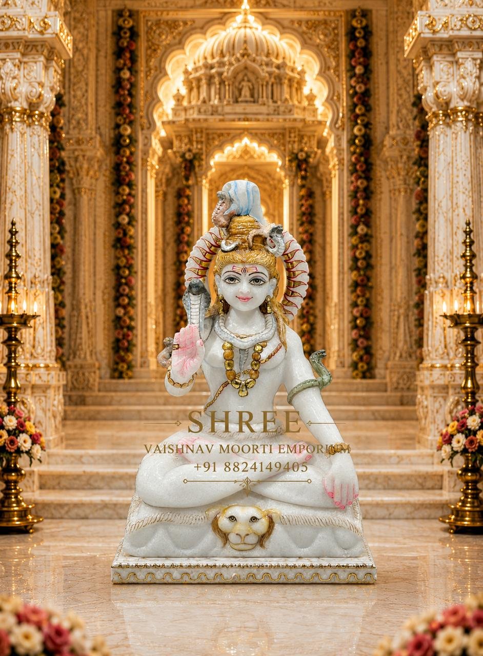 Premium 9 Inches White Marble Lord Shiva Murti | Handcrafted Marble Mahadev Idol for Home & Temple