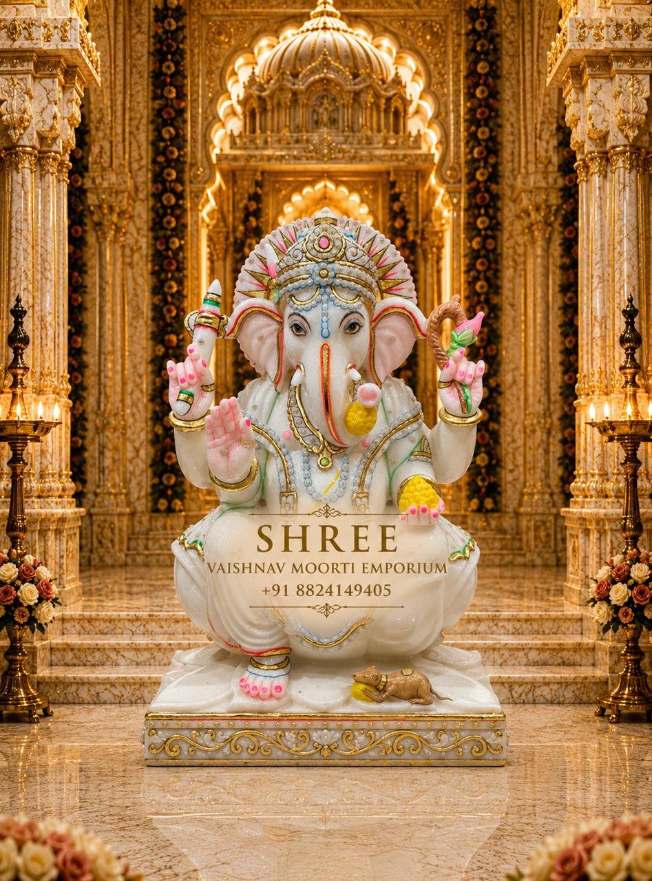 Premium 15 Inches White Marble Lord Ganesha Murti | Color Handcrafted Ganpati Marble Idol for Home & Temple